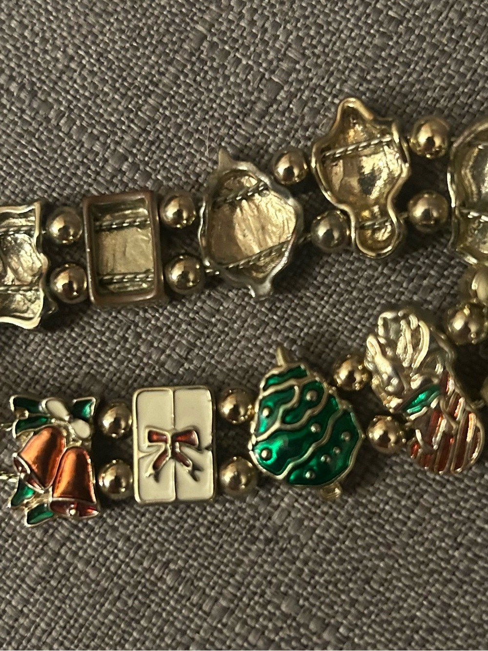Vintage Gold-Tone Holiday Charm Bracelet with Green and Red Enamel Accents